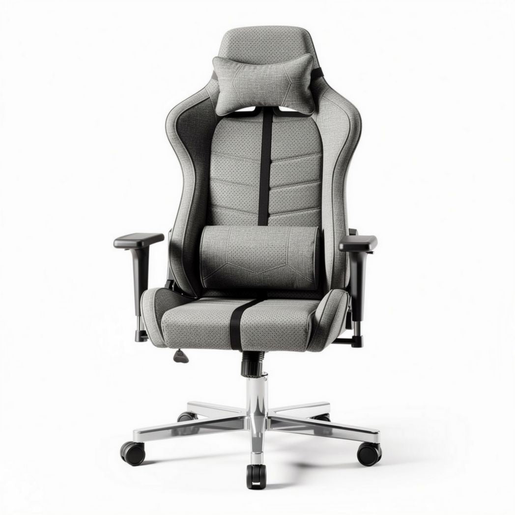 Chaise de bureau ergonomique en tissu gris avec soutien lombaire et appui-tête ajustable