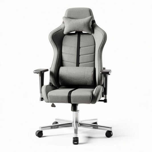 Chaise de bureau ergonomique en tissu gris avec soutien lombaire et appui-tête ajustable