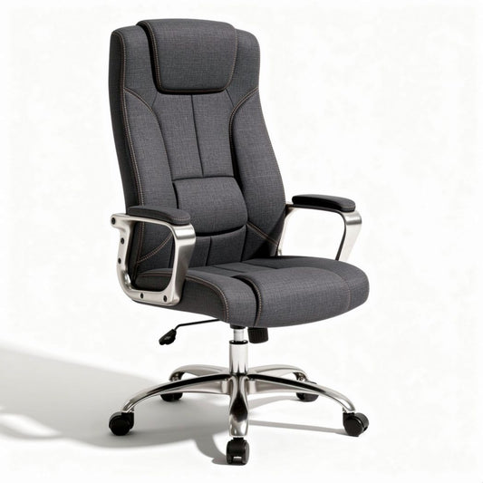 Fauteuil de bureau ergonomique en tissu gris avec accoudoirs et roulettes