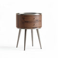 Table de chevet ronde en bois et métal avec deux tiroirs 40 x 40 x 60cm