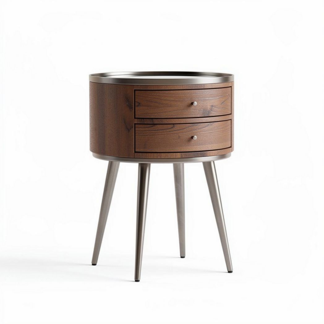 Table de chevet ronde en bois et métal avec deux tiroirs 40 x 40 x 60cm