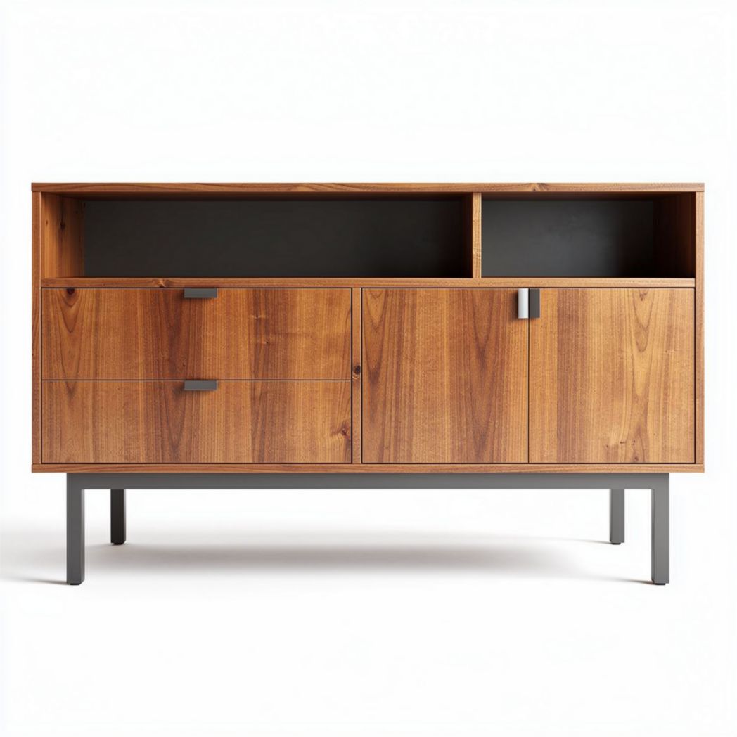 Meuble de rangement en bois foncé avec espaces de rangement ouvert et tiroirs 120 x 40 x 70cm